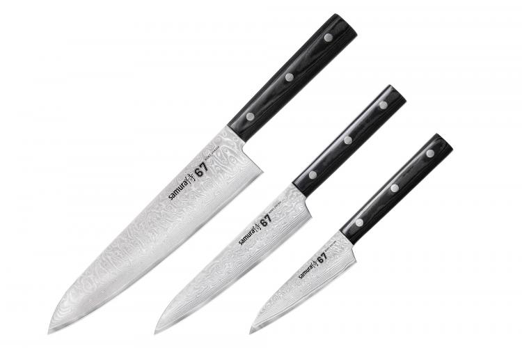 SD67-0220M/K Набор ножей 3 в 1 "Samura 67" 98 мм, 150 мм, 208 мм, дамаск 67 слоев, микарта