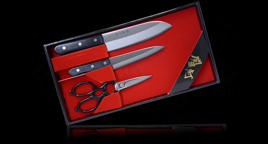 Набор из 2-х Кухонных Ножей и Кухонных Ножниц TOJIRO GIFTSET (FT-013) в подарочной упаковке, длина лезвия 135мм, 170мм,