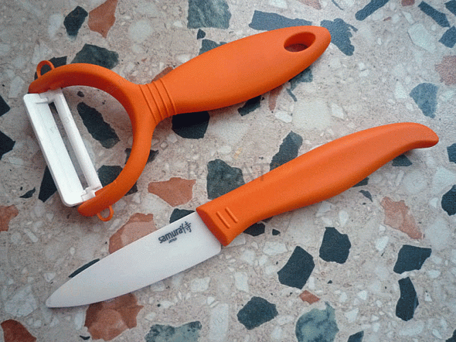 Набор Фруктовый нож и овощечистка (оранжевые рукояти) Samura Eco-Ceramic
