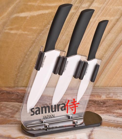 Подставка под 3 керамических ножа (белая надпись) Samura