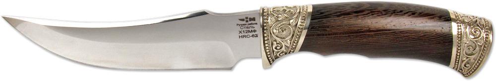 КОРШУН (8610)к Нож нескладной кованая сталь х12мф венге худ. литьё, мельхиор